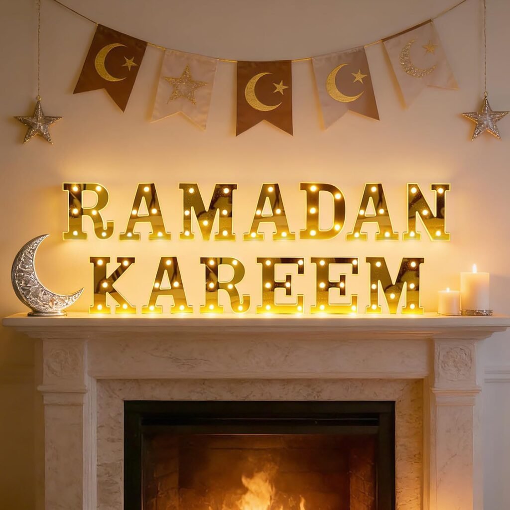 13 Pcs Ramadan Kareem LED Letter Lights, 6.5in Battery Powered Tabletop & Wall Decor with Mirror Finish, Islamic Ramadan & Eid Decoration, Gift for Muslim Family & Friends (Batteries Not Included)
