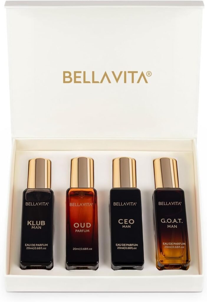 Bella Vita Luxury Long Lasting Perfume Gift Set for Man 4x20ml Gifts for Men Woody, Citrusy, Oud, Premium Fragrance Scent KLUB, OUD, CEO, G.O.A.T Best gift for Valentine's Day