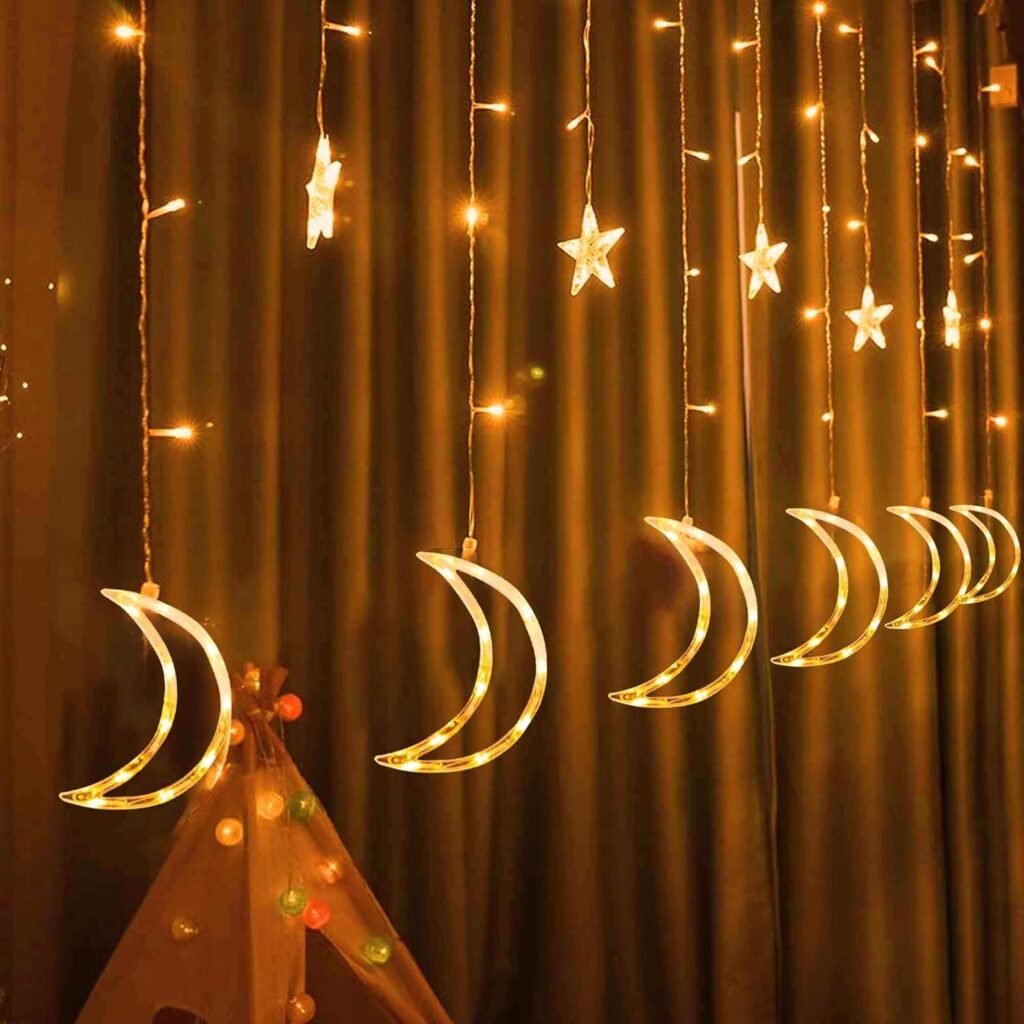 Dazzle Bright Ramadan Curtain String Lights, 138 LED 8.2ft x 3.2ft Warm White Star Moon 8 Lighting Modes Fairy Lights with Remote for Bedroom Wall, Wedding, Outdoor Party, Ramadan Decorations
