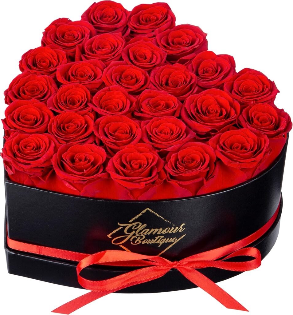 GLAMOUR BOUTIQUE 27 Flower Forever Heart Shape Box, Eternal Preserved Roses Gift for Her, Lasting Flowers, Premium Floral Heart Box for Birthday, Anniversary or Valentine’s Day, Red (Color-Treated)