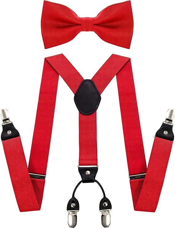 JEMYGINS Solid Color Suspender and Silk Bow Tie Sets for Men