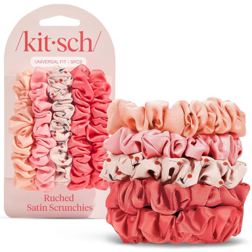 Kitsch Satin Scrunchies for Women - No Crease Hair Ties for Girls Scrunchies For All Hair Types and Textures, Perfect for Day or Night Ideal Gifts for Women - Assorted Cherry Blossom, 5pcs