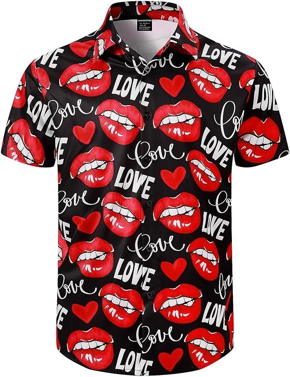 LINOCOUTON Men's Valentines Short Sleeve Button Down Shirts