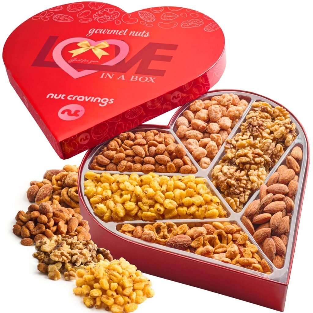 NUT CRAVINGS - Valentines Day Mixed Nuts Heart Shaped Gift Basket, Love in A Box (6 Assortments) Romantic Food Arrangement, Healthy Snack Care Package, Food Assortments