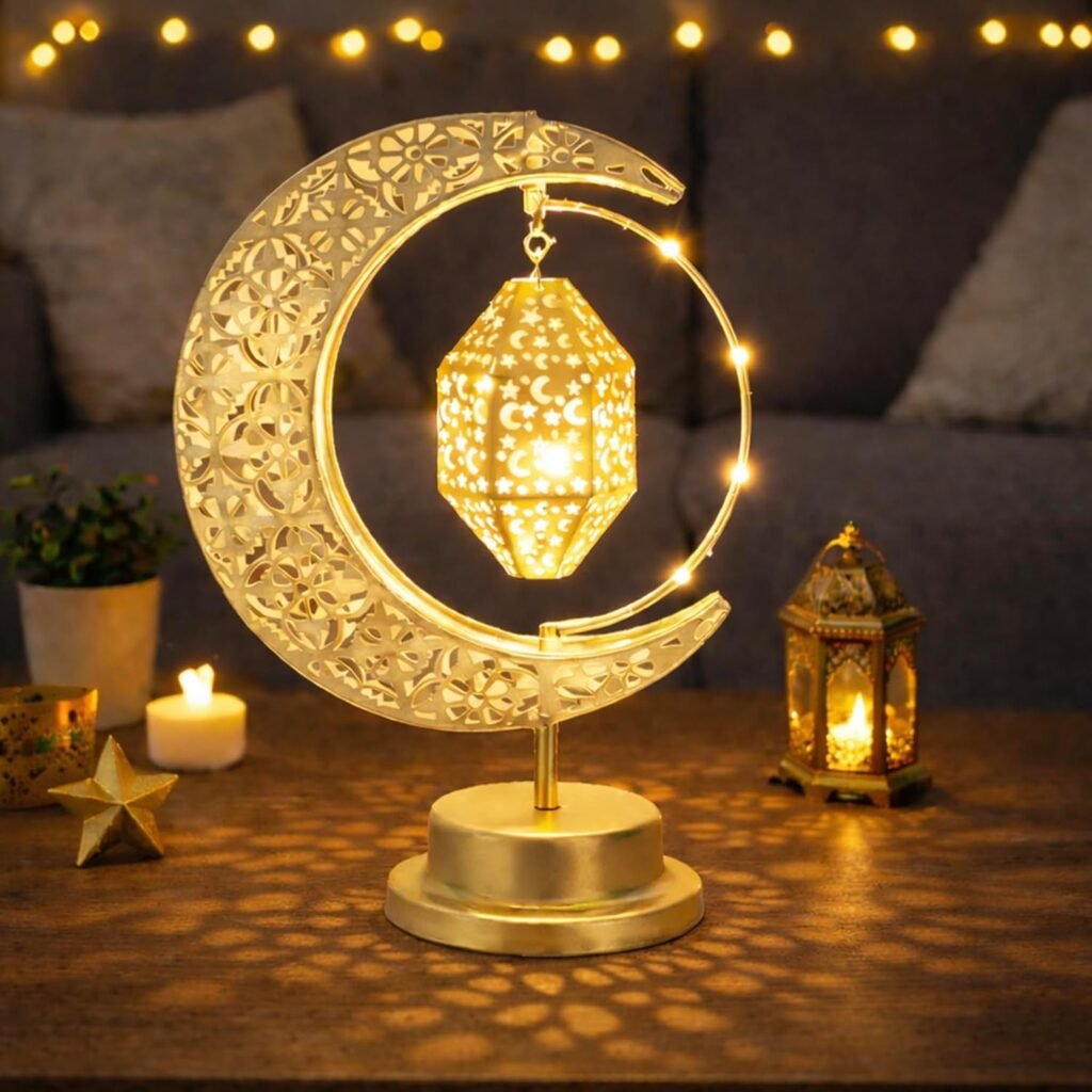 Ramadan Moon Lamp Decorations, Crescent Moon with Ramadan Lantern, Rotating Ramadan Table Lamp, Ramadan Decorations for Home, Eid Mubarak Decorations, Battery Operated Metal Eid Gifts