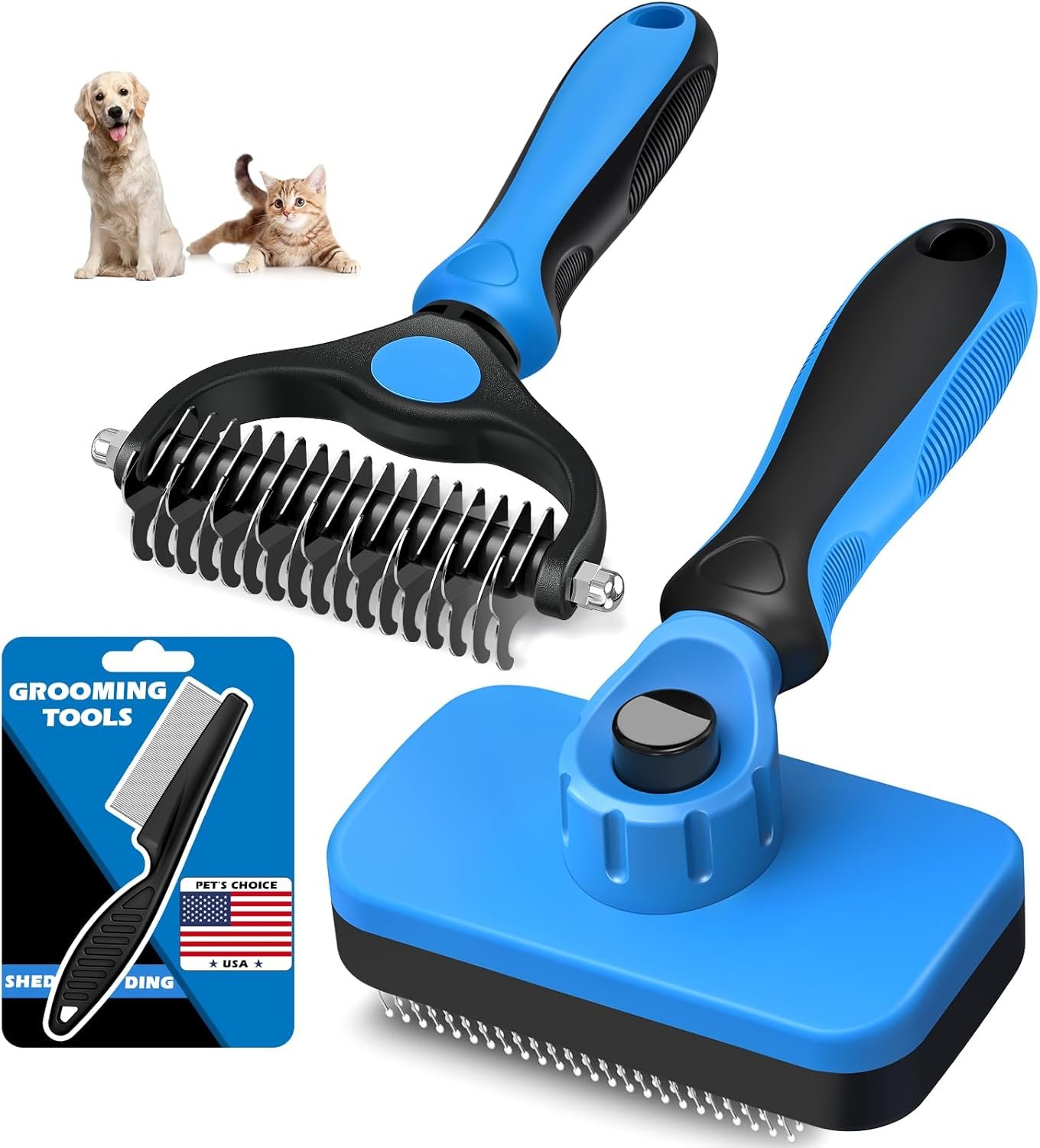 3PCS Self Cleaning Slicker Brush & Pet Grooming Rake & Flea Comb for Dogs, Cats and Horses Double-Sided Dematting Comb & Skin Friendly Deshedding Grooming Tool Premium Pet Supplies (Blue)