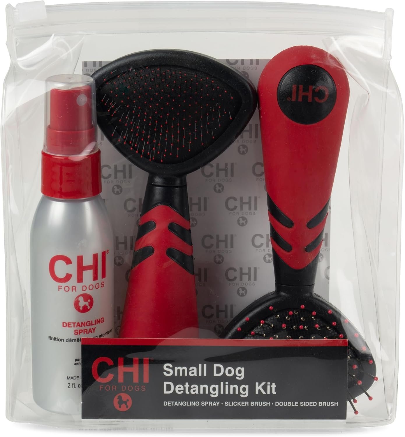 CHI for Dogs Small Dog Detangling Kit, 3-Piece Grooming Set with Detangling Spray, Slicker Brush, and Double-Sided Pin-and-Bristle Brush for Small Breeds with Tangles and Mats, Includes Zipper Pouch