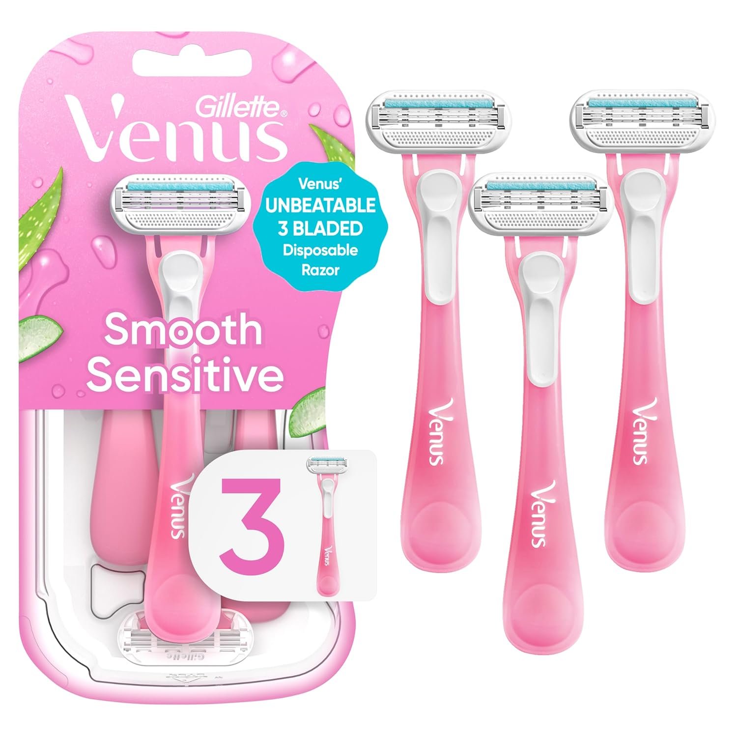 Gillette Venus Sensitive Women's Disposable Razors (3 Count) - Gentle Shaving for Sensitive Skin